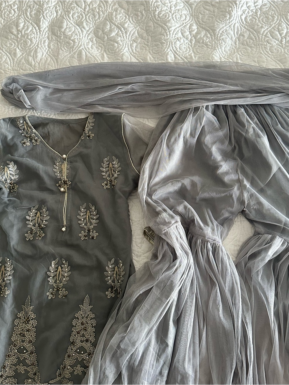 Pakistani Indian Desi Embroidered Grey Sharara/Gharara Set with Dupatta